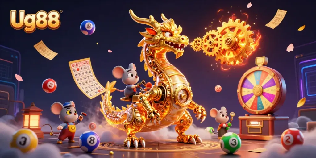 Experience the excitement of Ug88 with a vibrant scene of games, golden tickets, and a dynamic dragon.