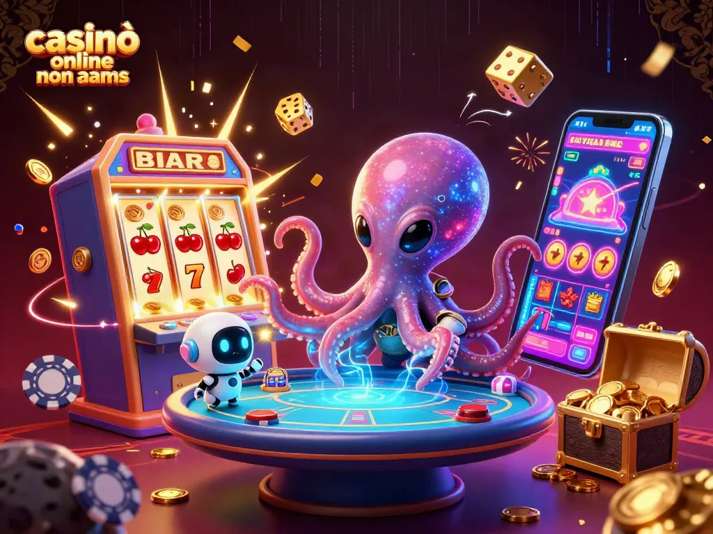Casinò online non AAMS: scena vivace di un polpo alieno che gioca a poker in un casinò galattico con giochi e jackpot