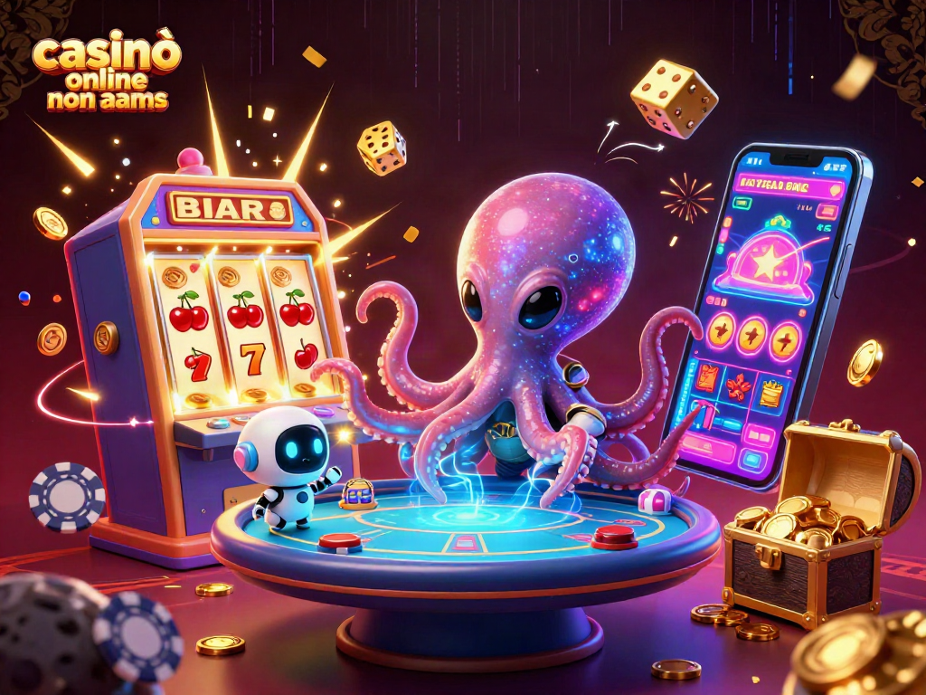 Casinò online non AAMS: scena vivace di un polpo alieno che gioca a poker in un casinò galattico con giochi e jackpot