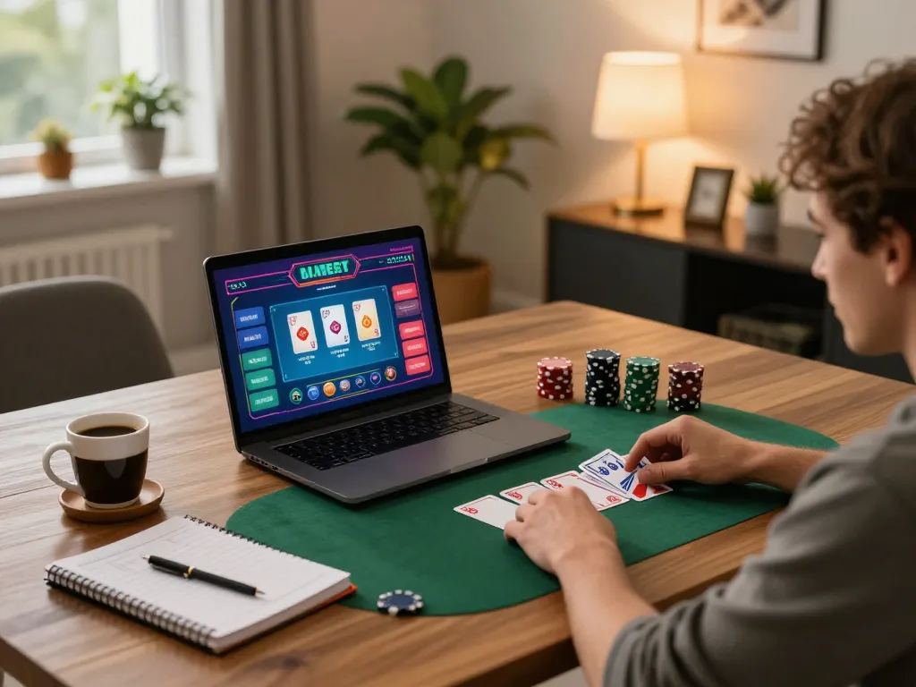 Person playing poker online with fanstoysnewsandreviews on laptop, cozy home atmosphere highlights responsible gaming
