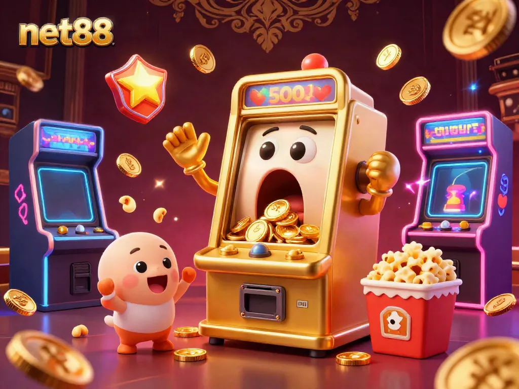 Experience jackpot excitement with net88's animated slot machine celebrating wins amidst vibrant arcade elements.