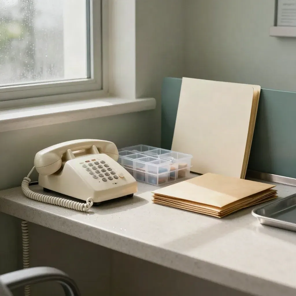 Ivory hotline phone, pill sorter, caregiver folder and envelopes on a stone clinic counter in rainlight.
