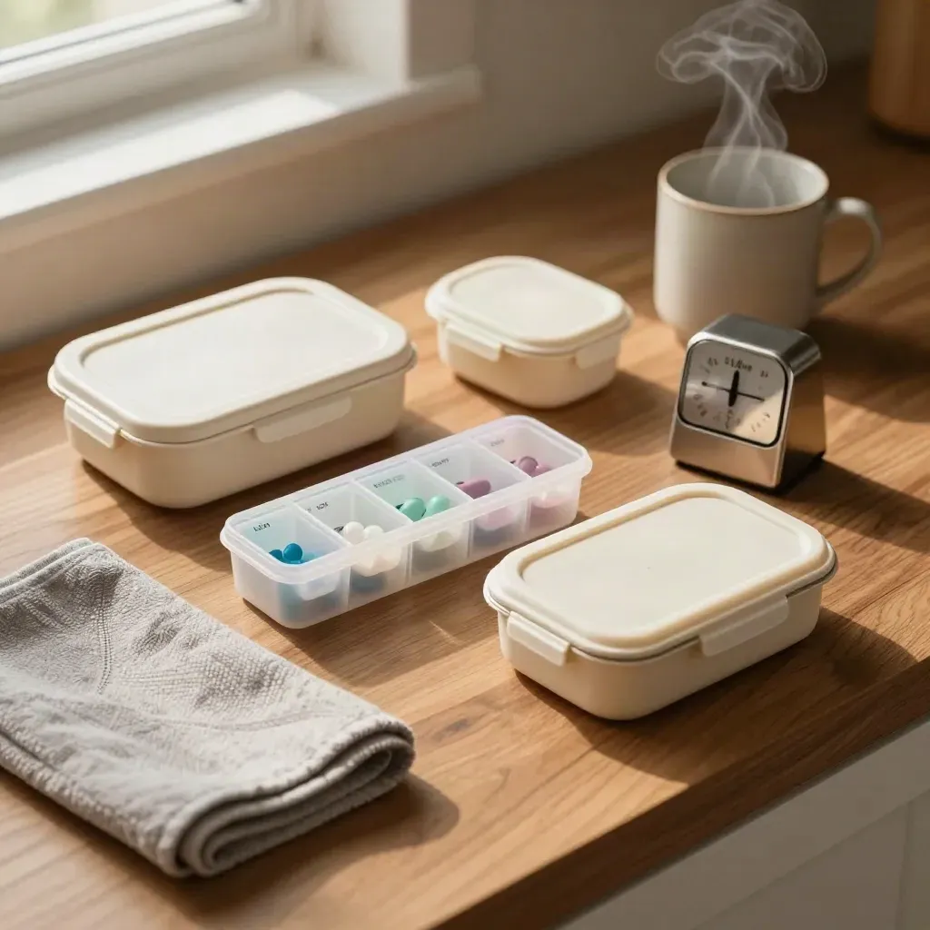 Overhead kitchen caregiver kit with pill sorter, lunch containers, timer, towel and steam.