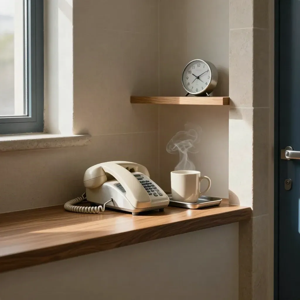 Quiet support hotline nook with a corded phone, steaming mug, blurred clock, and message tray.