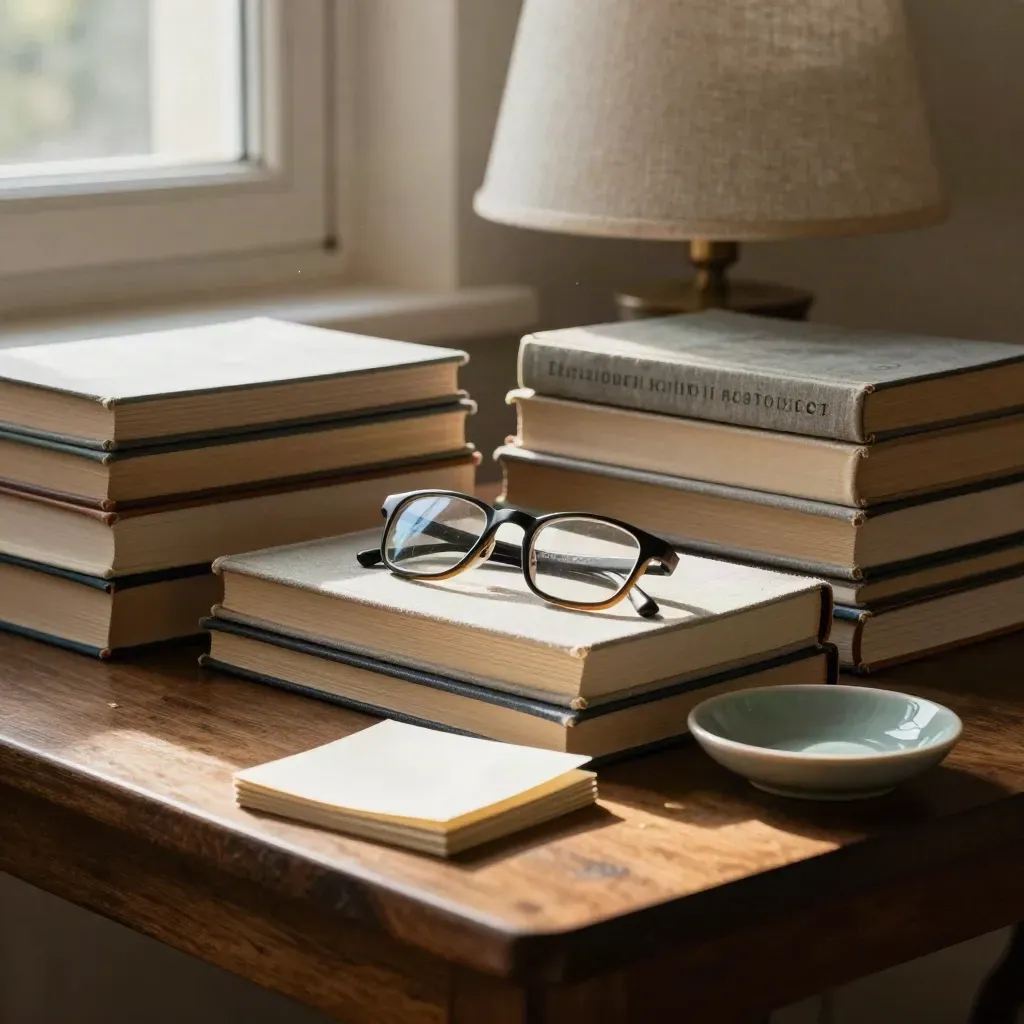 Closed health guides, glasses, and face-down cards in a cozy reading nook lit by warm afternoon sun.