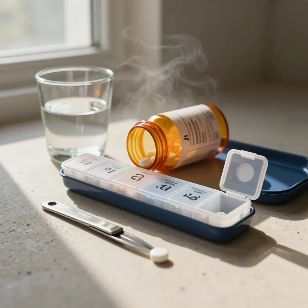 Pill organizer, medicine bottle, water glass, and splitter on stone in dramatic light