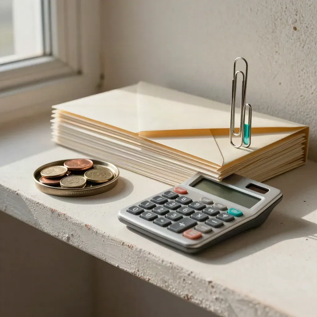 Overhead billing-help still life with calculator, envelopes, coin dish, and paper clips on plaster shelf.