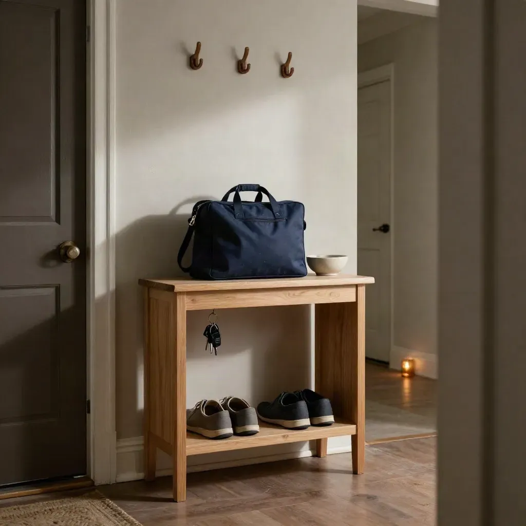 Entry console with medicine tote, aligned shoes and keys by a sunlit front door