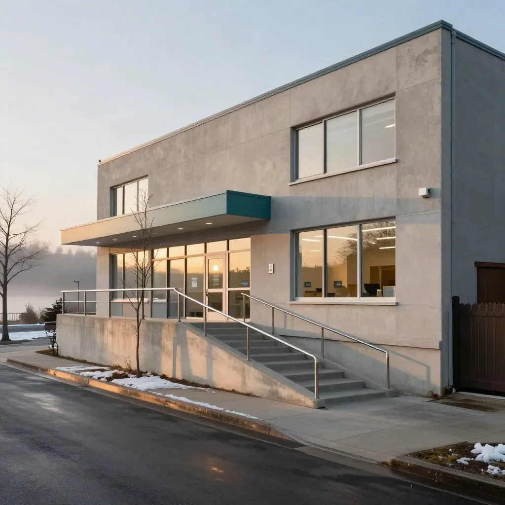 Small clinic facade with lit windows, teal ramp rail, winter haze and bare branches across the street.