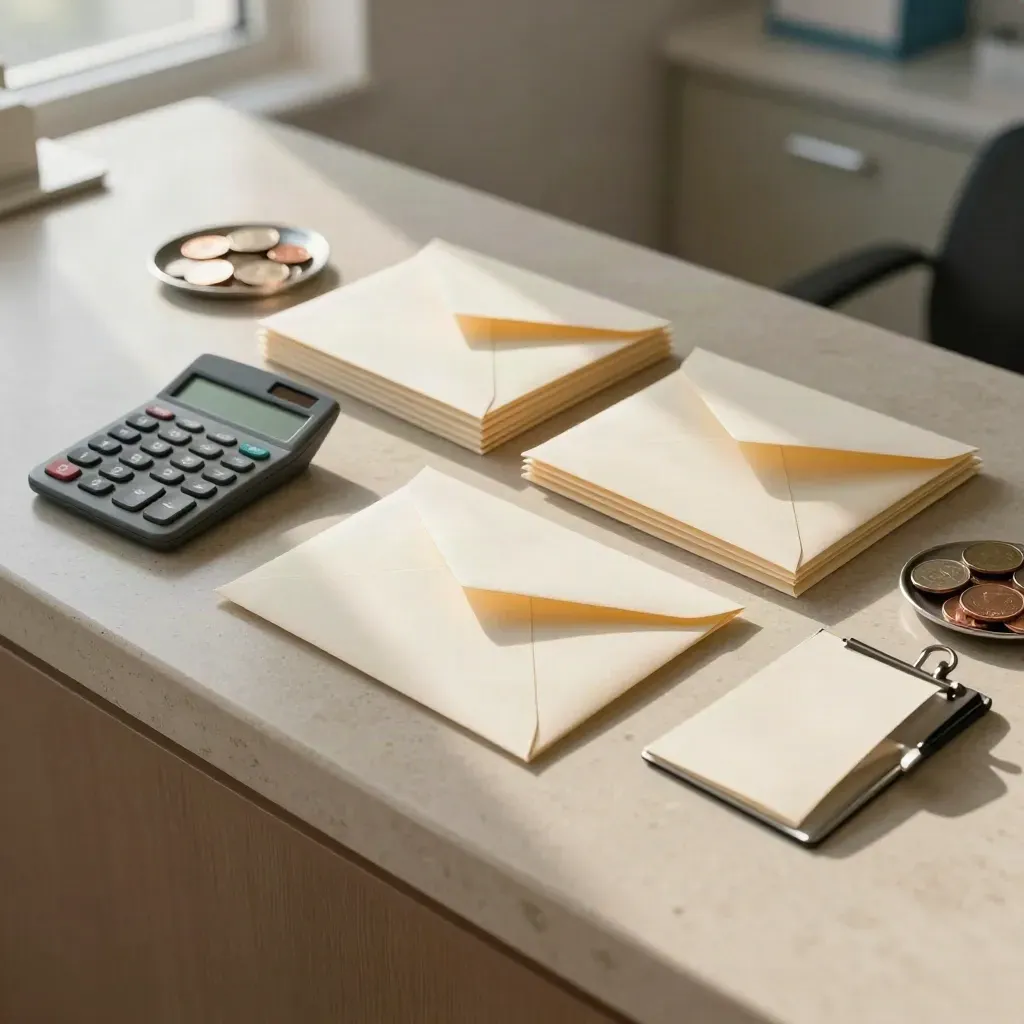Overhead still life of calculator, envelopes, coins and a clip on stone