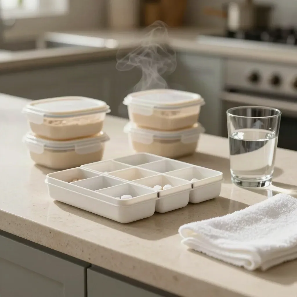 Pill sorter, lunch containers, water glass and tea towel on a calm kitchen counter