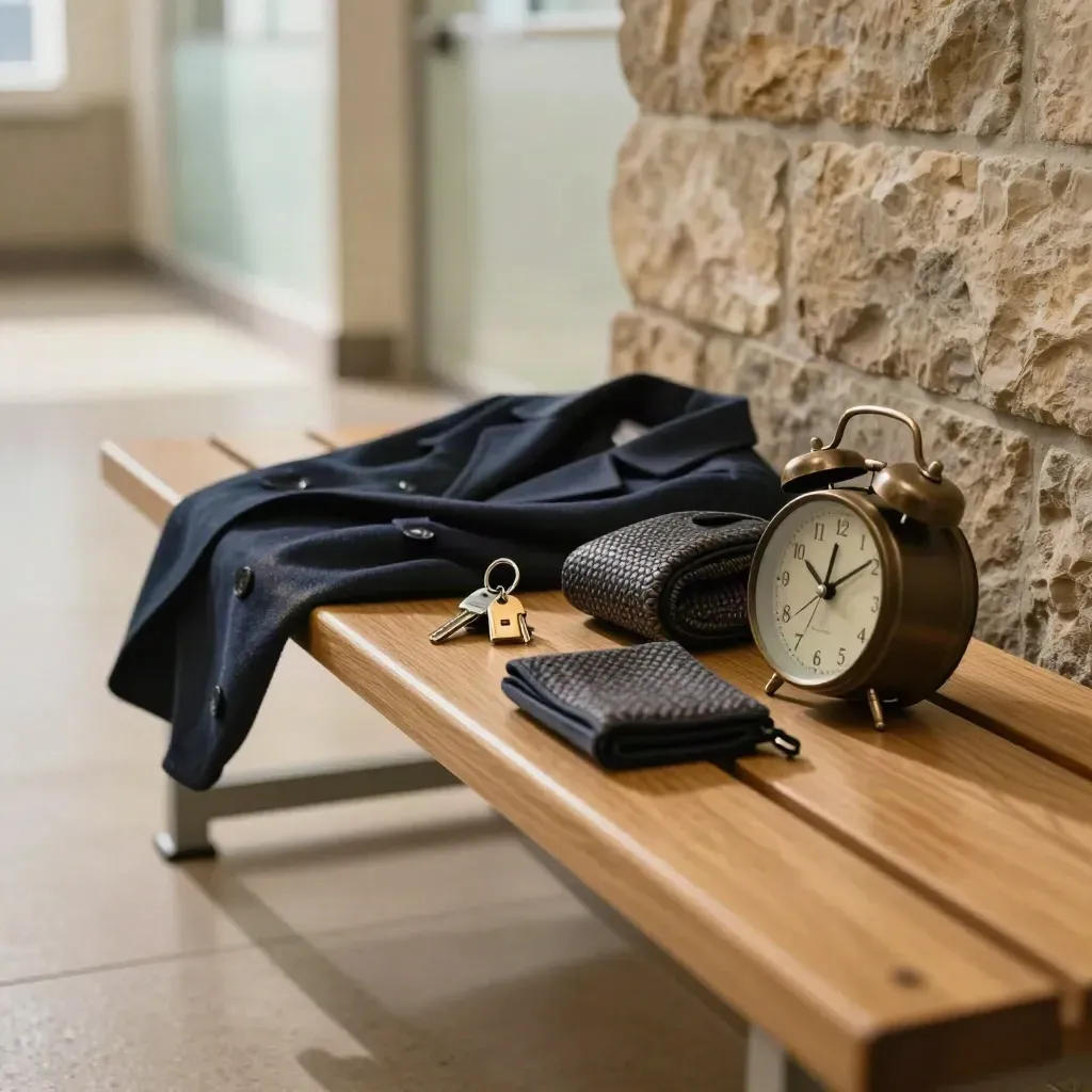 Folded coat, keys, transit sleeve, and a silent alarm clock on a hallway bench in a quiet clinic corridor.