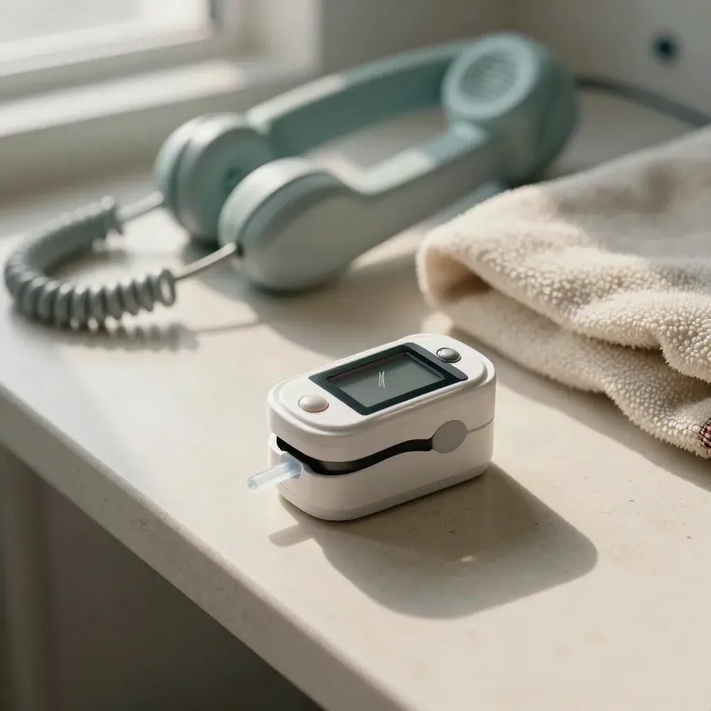 Pulse oximeter, hotline handset, and folded fleece blanket on a pale clinic shelf.