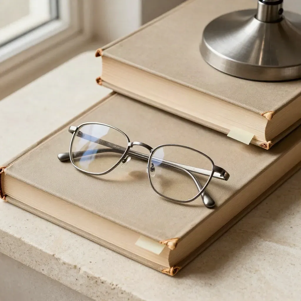 Closed reference books, reading glasses, sticky tabs, and a lamp base on pale stone.