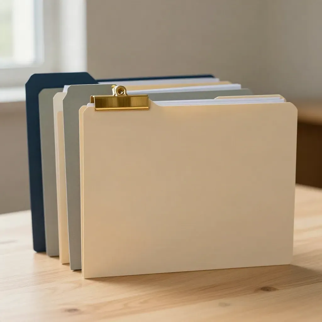 Three routing folders with colored tabs on pale wood, one selected for patient help