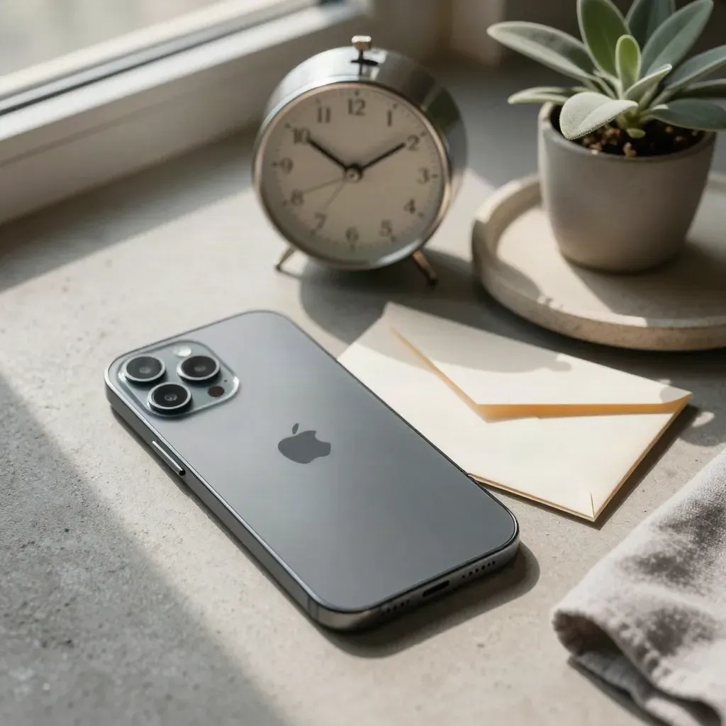 Graphite phone, clock, envelopes, and small plant on a stone tray in soft daylight.