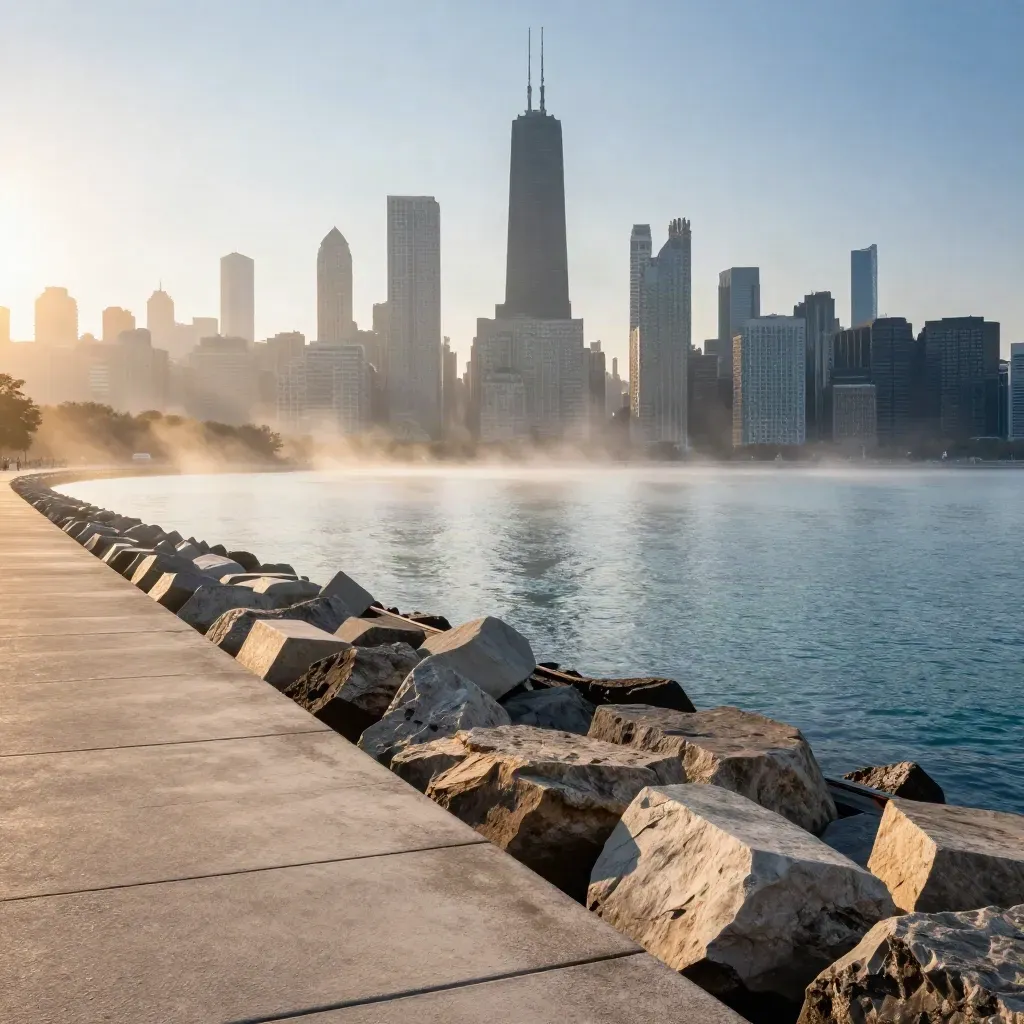 Chicago skyline rising through mist above a calm lakefront breakwater at sunrise