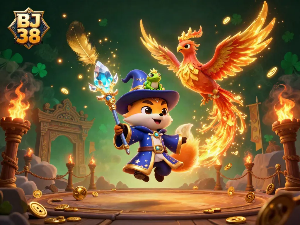 BJ 38 captivates audiences with a mystical casino scene featuring a wizard fox, phoenix, and enchanting elements.