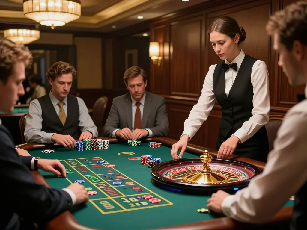 Earlyinsights into the thrill of roulette gameplay at a luxury casino with engaged players.