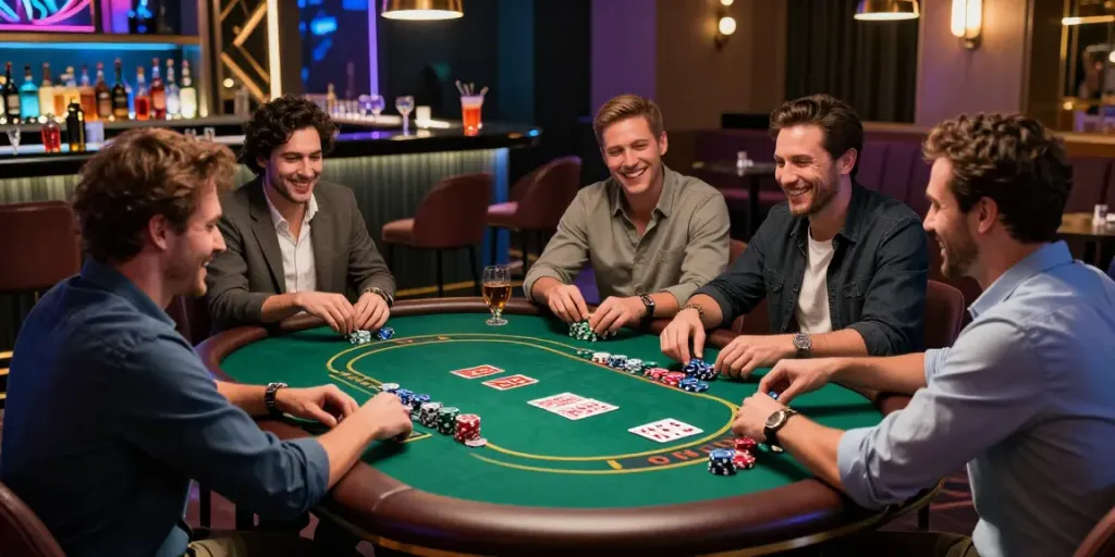 Men enjoying gaming at Manclub, vibrant atmosphere with poker and roulette.