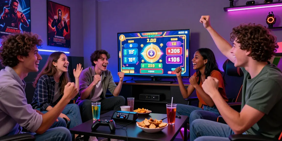 Friends enjoying deposit tanpa minimal while playing online slots in a vibrant gaming room