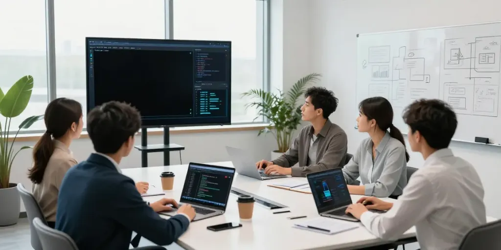 Team strategizing on enterprise AI solutions in a modern office setting with data visualizations.