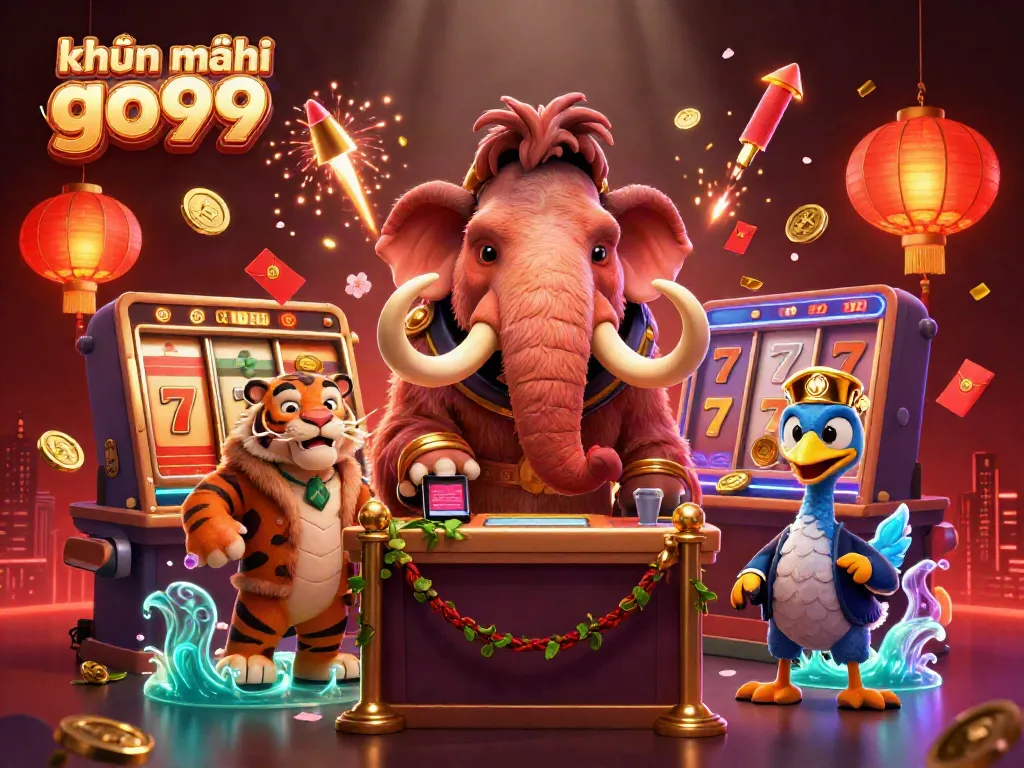 Experience khuyến mãi go99 in vibrant 3D as a woolly mammoth bouncer checks IDs at a bustling casino entrance.