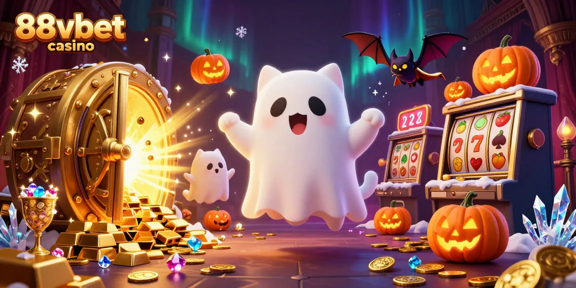 Win big at 88vbet casino, featuring a ghost cat and vampire bat in a vibrant haunted casino scene.