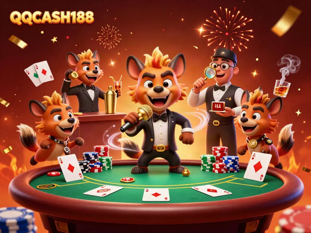 Enjoy the vibrant atmosphere at QQCASH188 with hyenas managing a lively casino club.