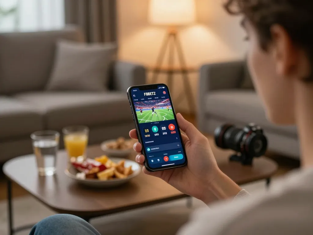 Engaging in sports betting with F8BETZ app while relaxing at home, showcasing the mobile betting experience.