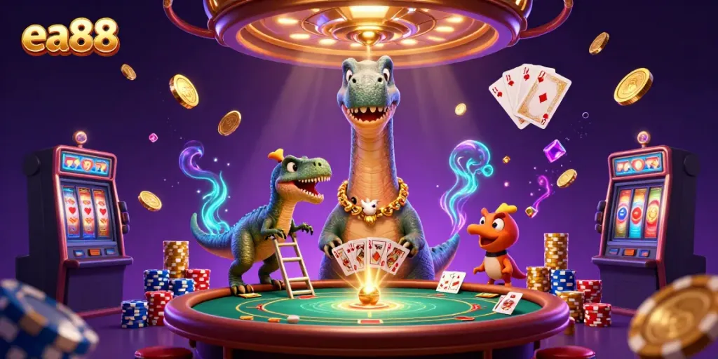 Experience thrilling gaming with ea88 in this dynamic casino scene featuring a giant brontosaurus and clever raptor.
