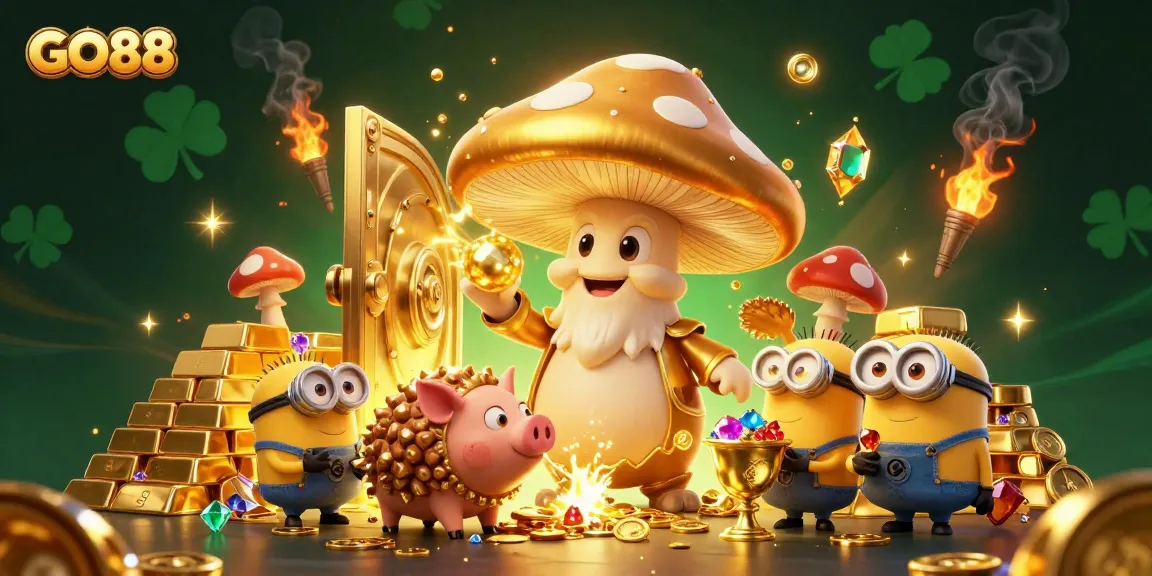 Experience the magic of GO88 as a golden wizard conjures treasures amidst vibrant casino elements in a whimsical 3D scene.