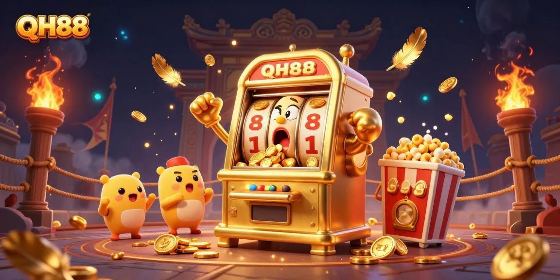 Witness QH88's golden slot machine shocked as coins pour out, celebrating a jackpot moment.