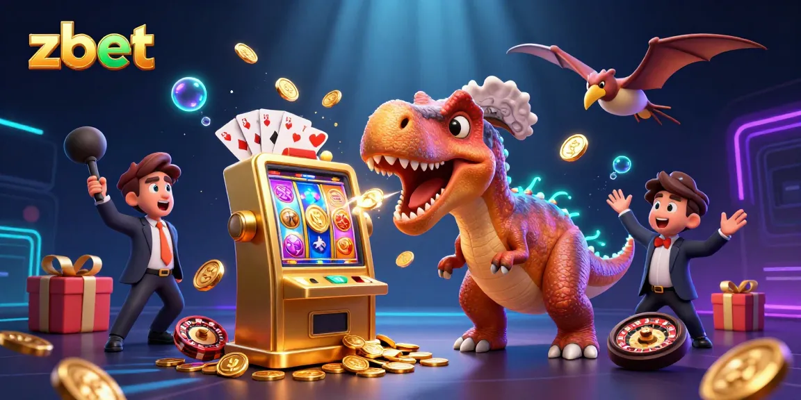 Catch jackpots at zbet: A vibrant illustration of a dinosaur winning big at a casino.