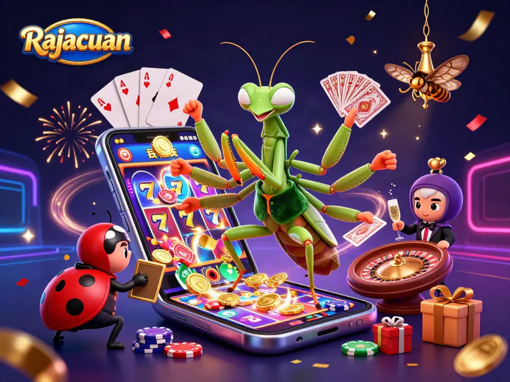 Experience thrilling wins with Rajacuan as a giant praying mantis dealer and ladybug pit boss create vibrant casino excitement.