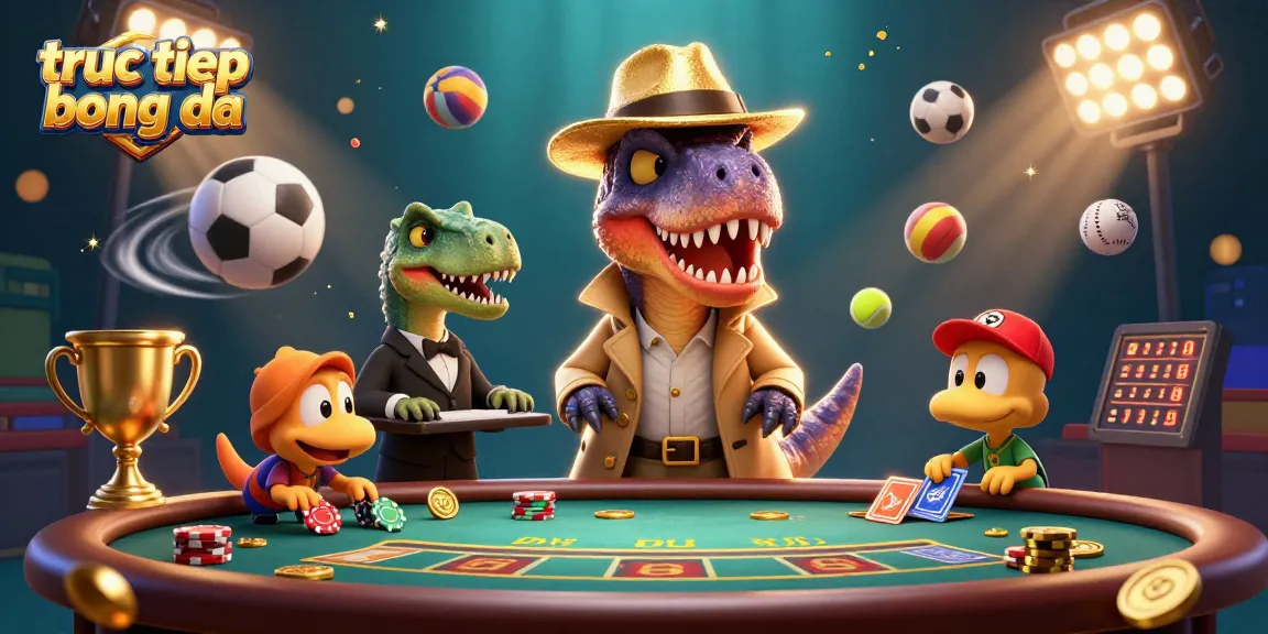 Watch truc tiep bong da with a dynamic 3D casino scene featuring playful dinosaurs and flying sports elements.