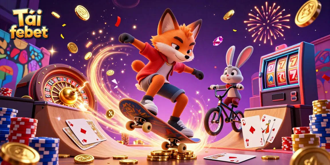 Tải febet to join the vibrant adventure in this 3D casino illustration of a skateboarder fox and BMX-riding rabbit.