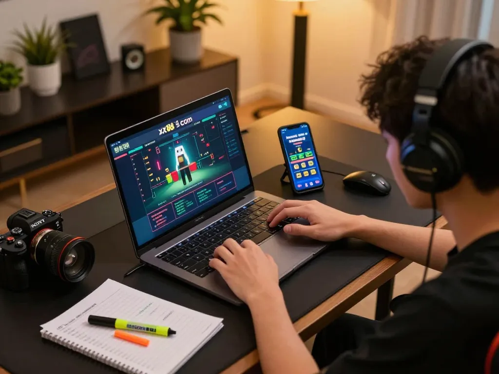 Engaged player strategizing bets on xx88 com through laptop and smartphone in a cozy home setup
