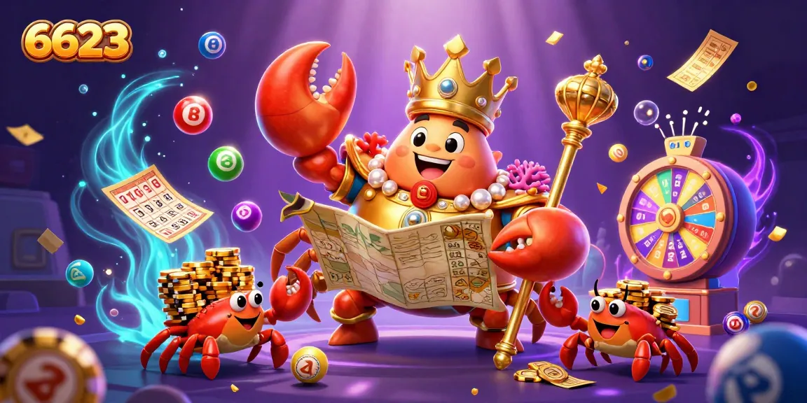 Experience the thrill of 6623 with a vibrant 3D casino scene featuring a golden crab emperor and lottery elements.