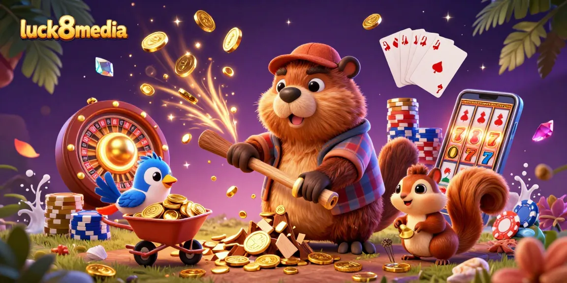 Experience thrilling gaming action with luck8media's cartoon scene filled with coins and casino elements.