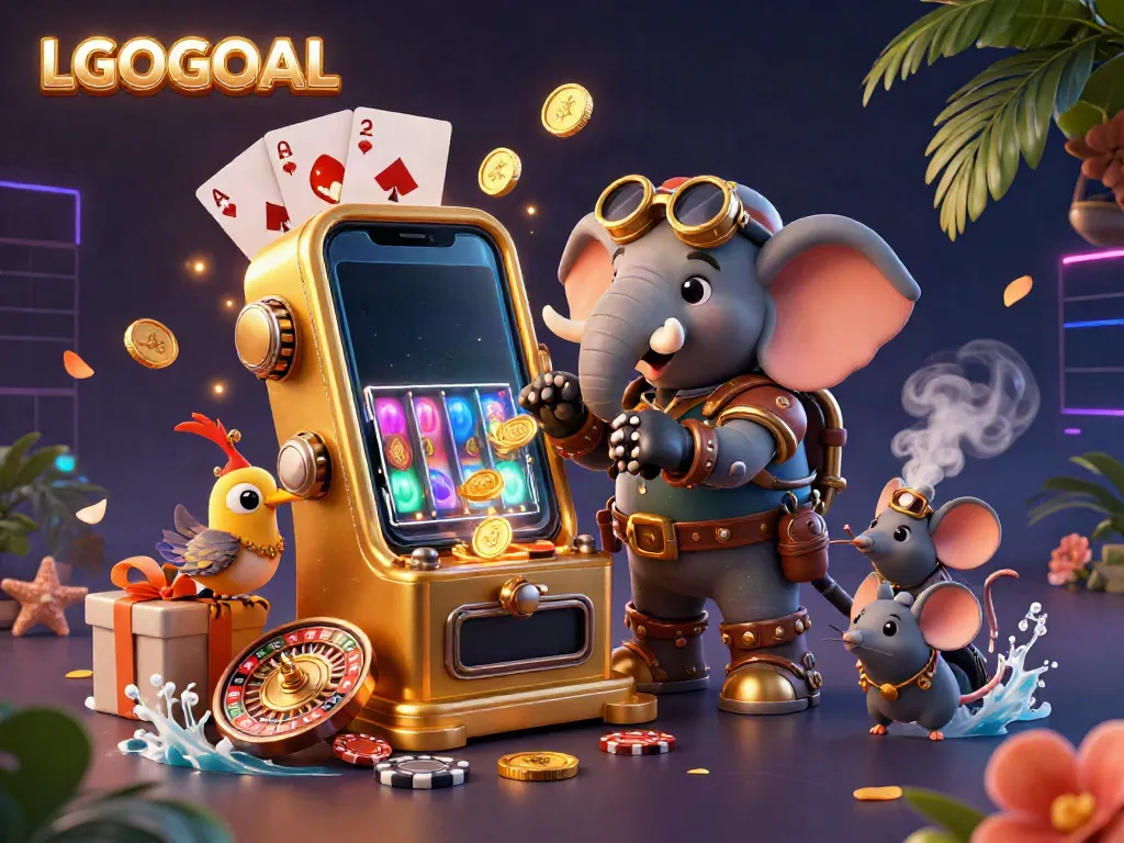 Experience the excitement of LGOGOAL with a steampunk elephant operating a slot machine, surrounded by vibrant game symbols.