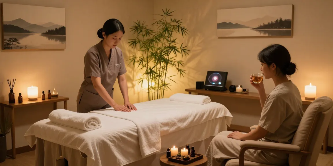 Tranquil therapy room for 용산출장마사지 with essential oils, calming decor, and inviting atmosphere.