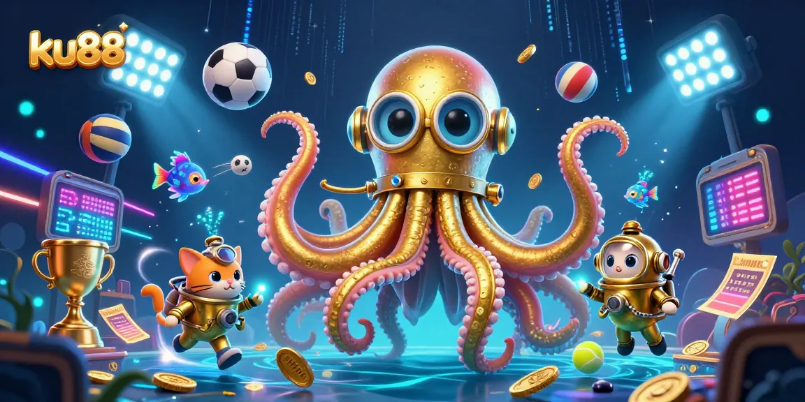 Bet on ku88 with an energetic scene of a kraken and diving cat amidst dynamic sports elements.