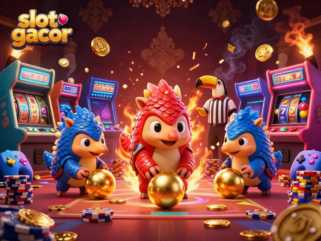 Spin the reels with slot gacor action in a vibrant casino scene featuring animated pangolins.