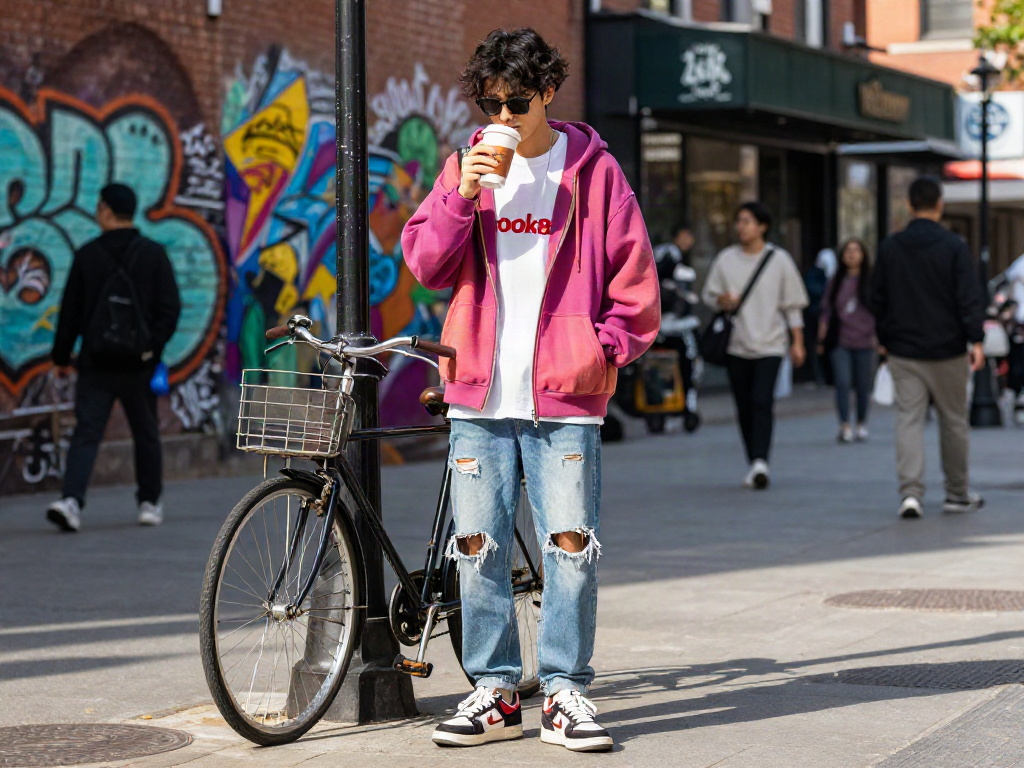 Urban street style showcasing trendy individual wearing rokok88 merchandise in a vibrant city backdrop.