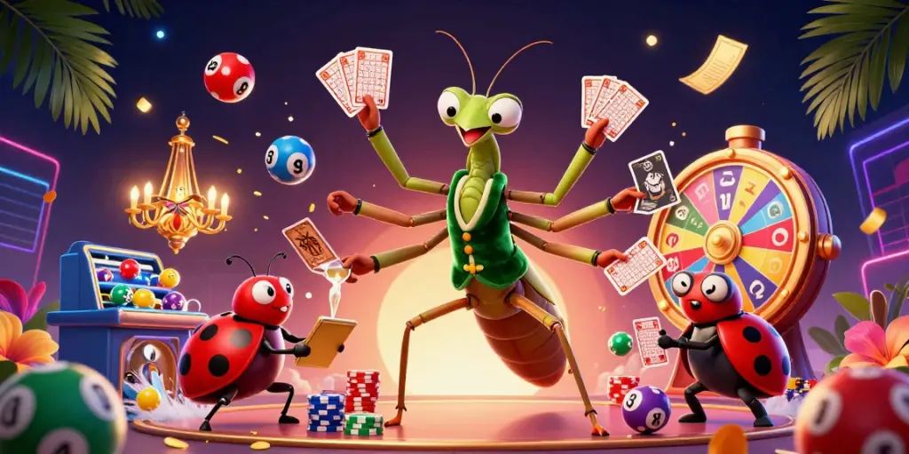 Experience thrilling wins at 98WIN with a vibrant casino scene featuring a giant praying mantis card sharp!