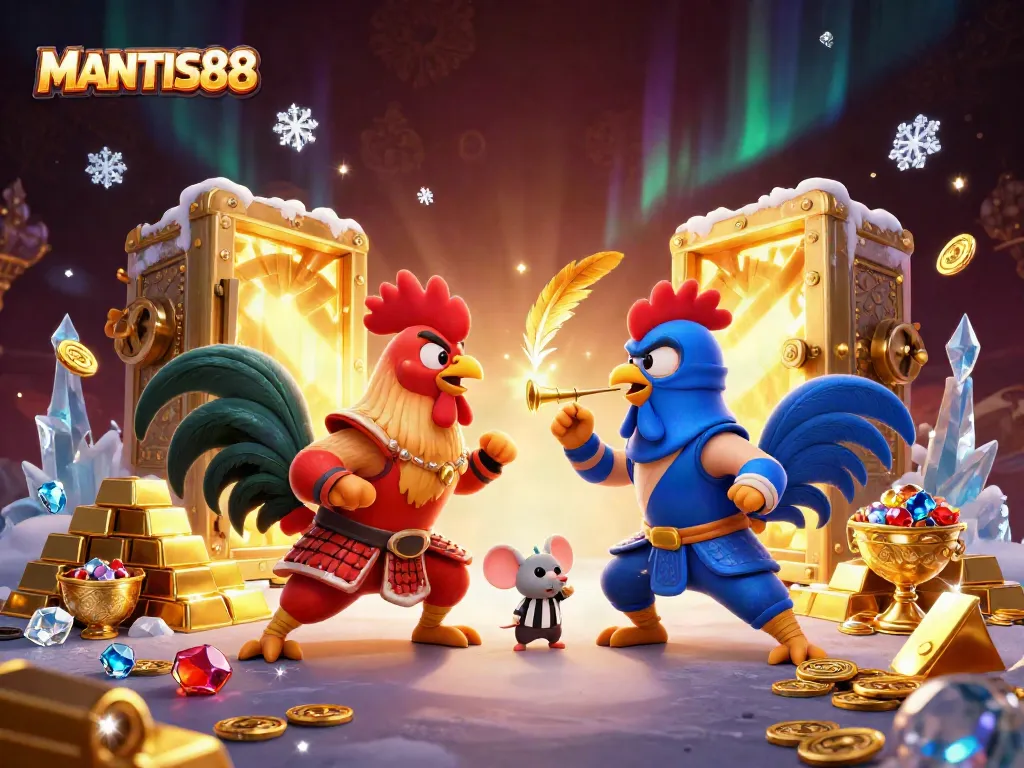Experience thrilling gameplay with MANTIS88 featuring a showdown of roosters amidst treasure and dynamic casino elements