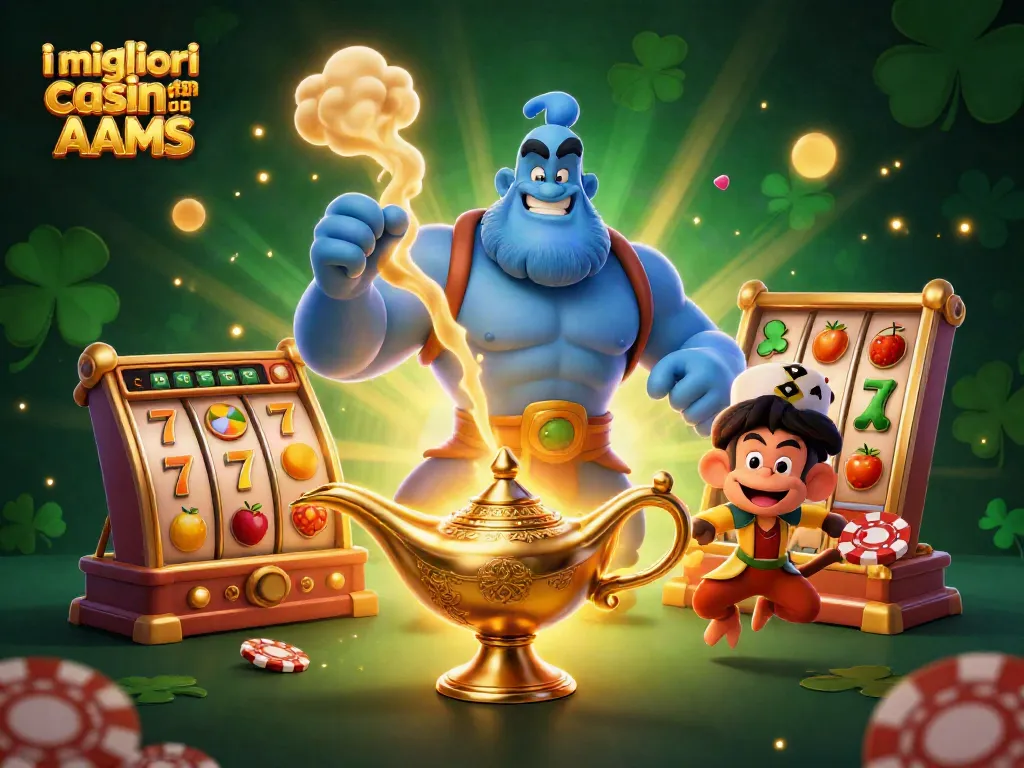 L'immagine mostra i migliori casino non AAMS con gioca d'azzardo colorato e elementi delle slot in un mondo di fantasia.