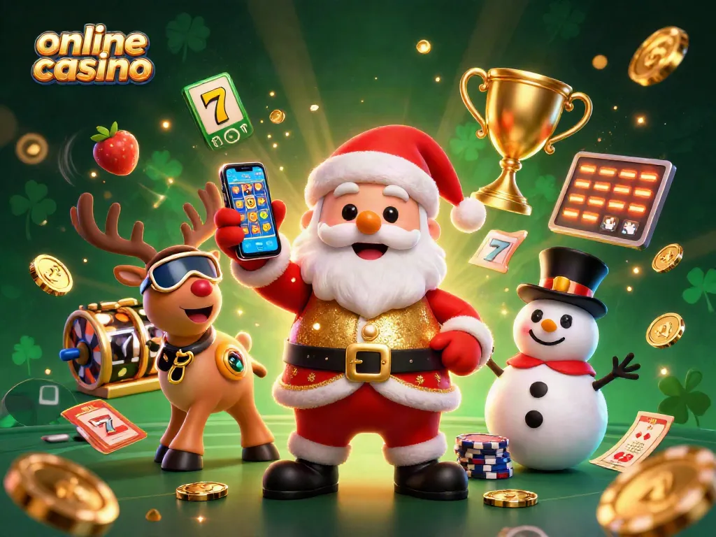 Gioca nel casinò crypto online con questa illustrazione 3D di un Babbo Natale amichevole che mostra jackpot slots.