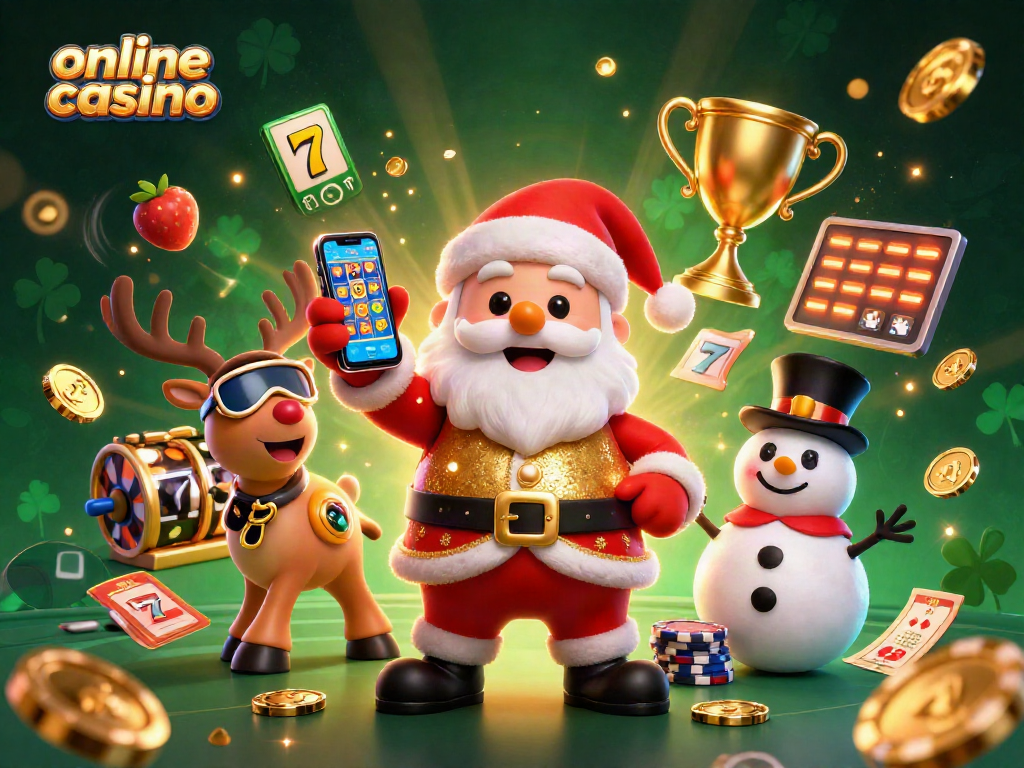 Gioca nel casinò crypto online con questa illustrazione 3D di un Babbo Natale amichevole che mostra jackpot slots.